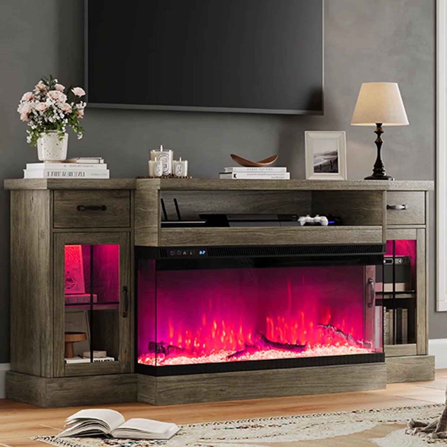 Fireplace TV Stand with 40" Electric Fireplace for 80" TV, 70" Fireplace Entertainment Center with Adjustable Storage Cabinets