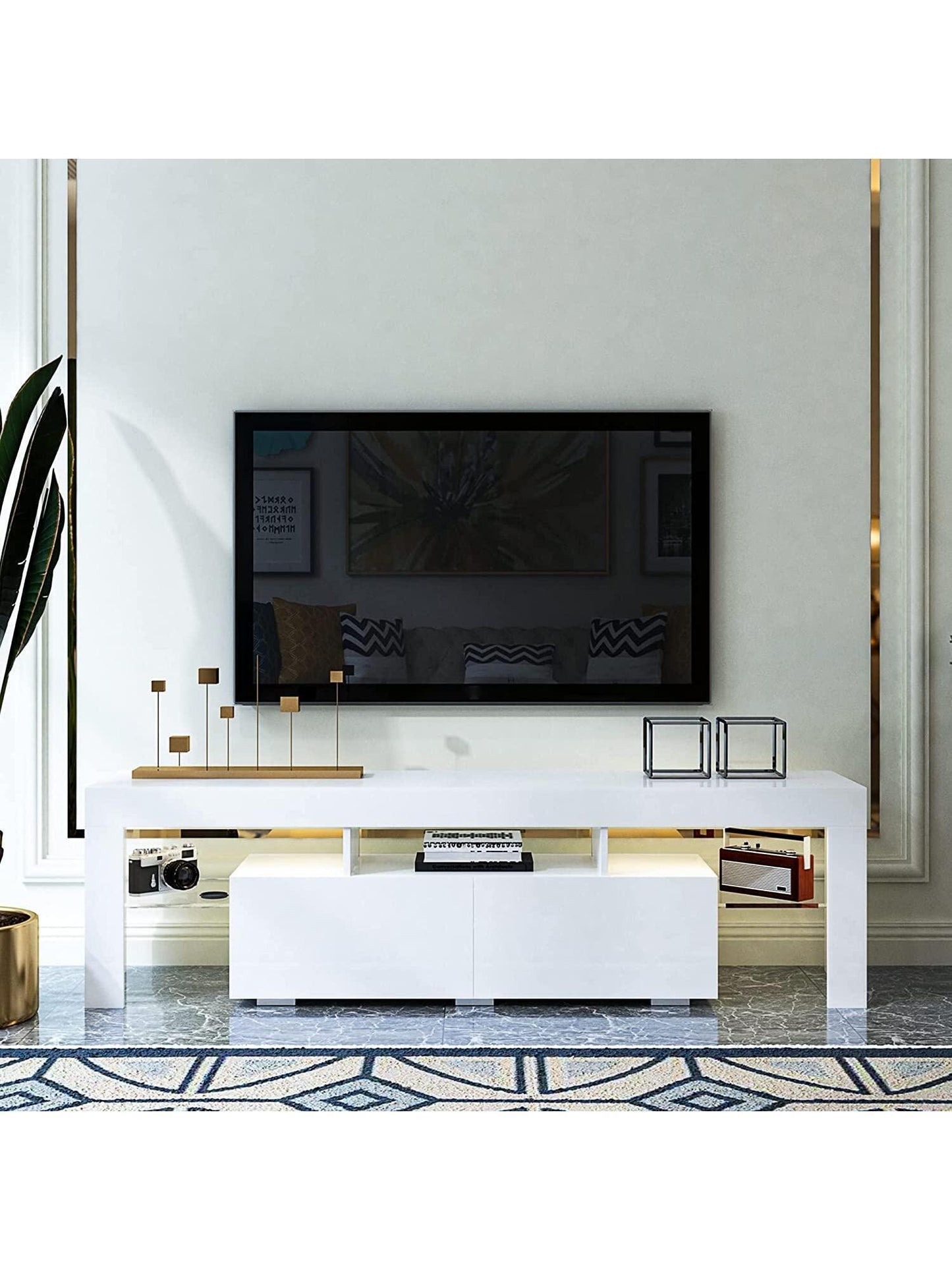 63 Inch TV Stand,Led TV Stand High Glossy Entertainment Center Modern Television Stands with Large Storage Wood TV Stand for 60/65/70 Inch TV Gaming Media TV Console for Living Room Bedroom