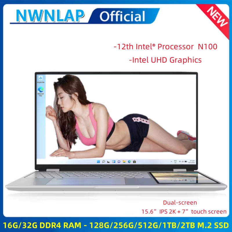 Dual Screen Laptop 15.6 Inch 2K IPS+ 7 Inch Touch Screen  N100 Processor Gaming Laptop DDR4 32GB 2TB SSD Notebook Computer