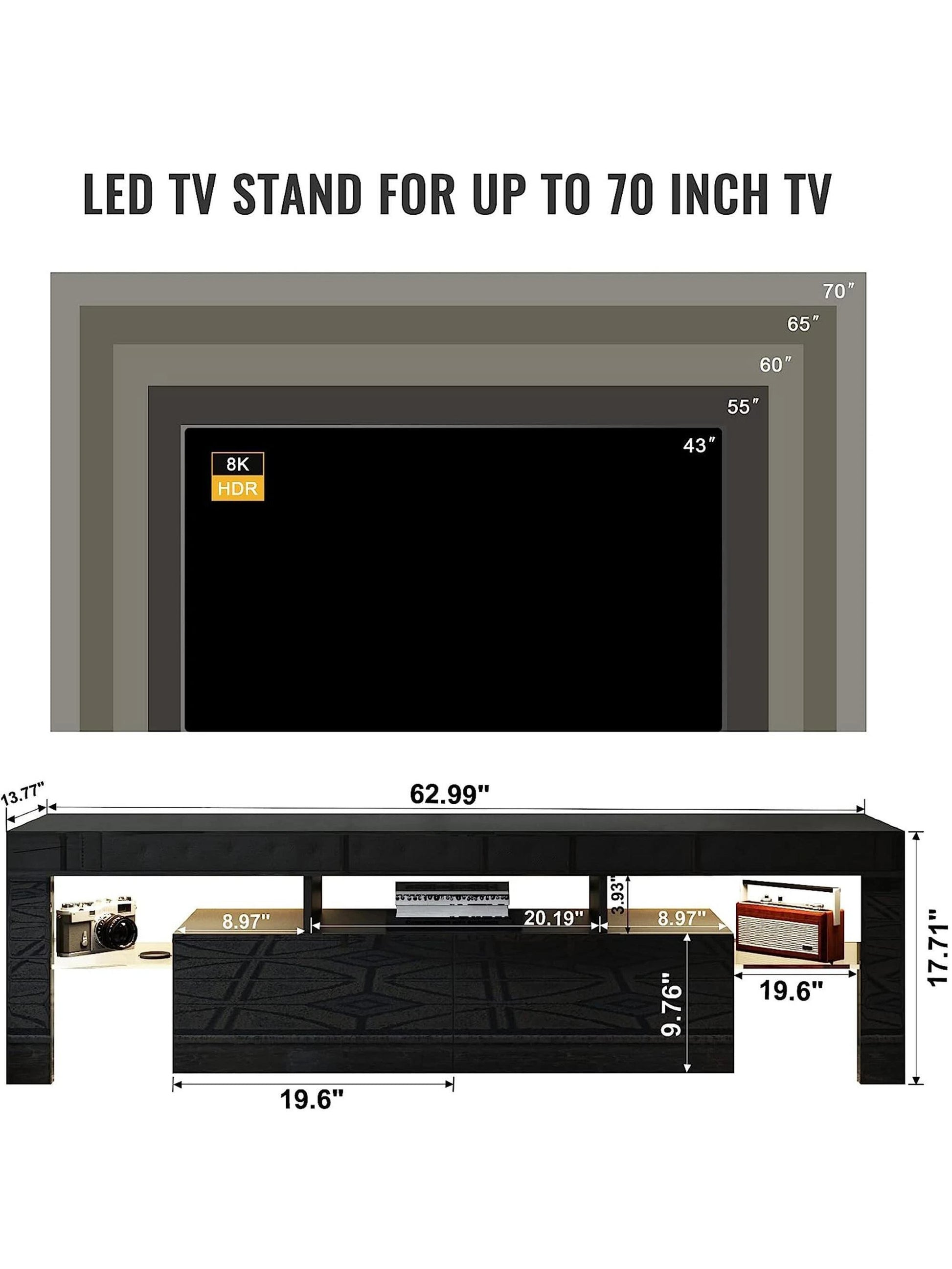 63 Inch TV Stand,Led TV Stand High Glossy Entertainment Center Modern Television Stands with Large Storage Wood TV Stand for 60/65/70 Inch TV Gaming Media TV Console for Living Room Bedroom