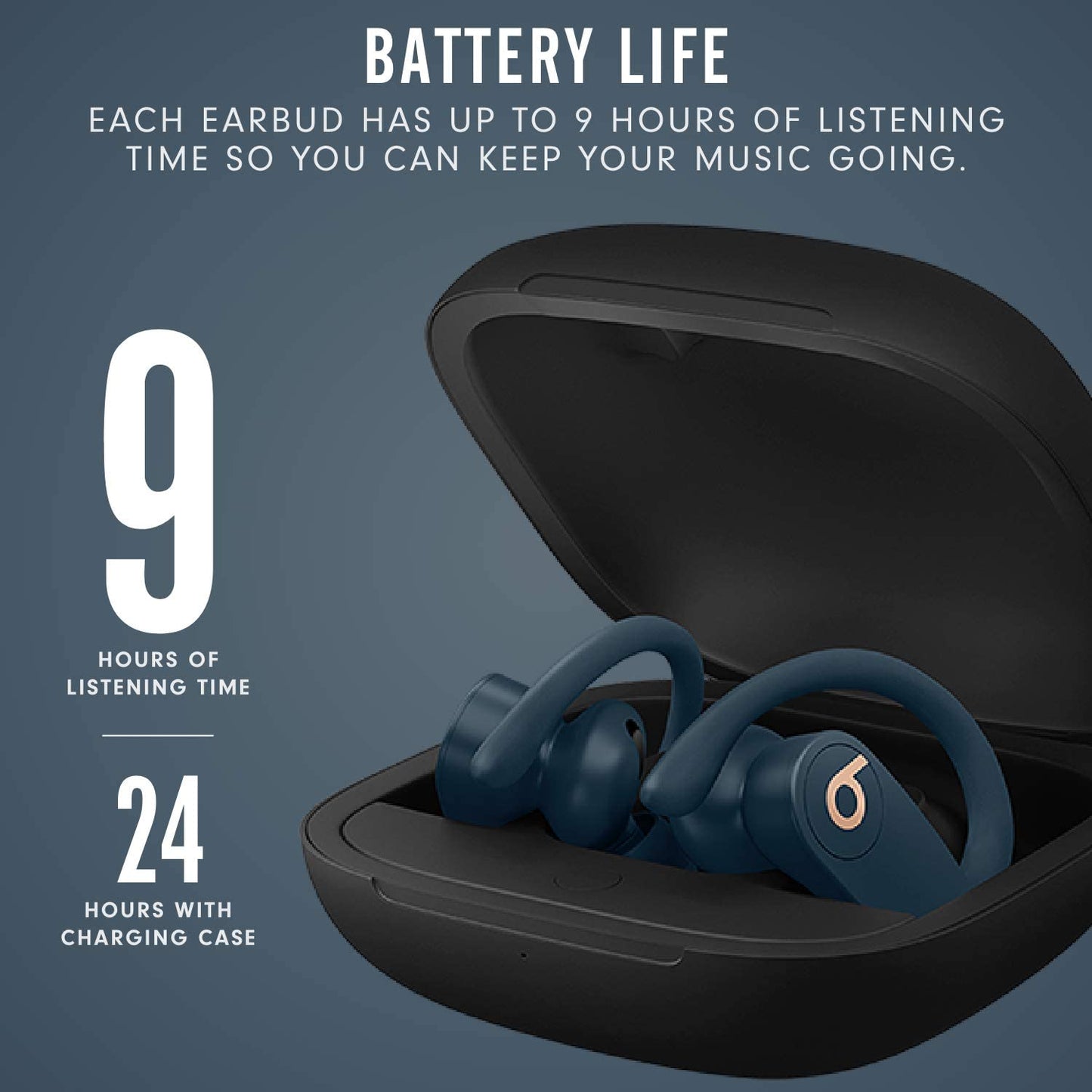 Power Pro Wireless Earbuds -  H1 Headphone Chip, Class 1 Bluetooth Headphones, 9 Hours of Listening Time, Sweat Resistant, Built-In Microphone - Navy