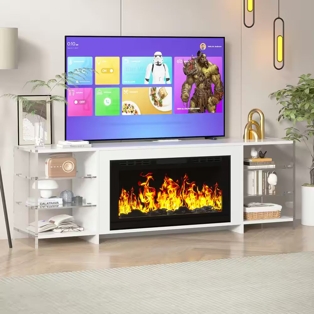 CTV Stand for Tvs up to 75 In. with 3D Flame, 13 Colors LED Light, White Transparent Shelves Entertainment Center