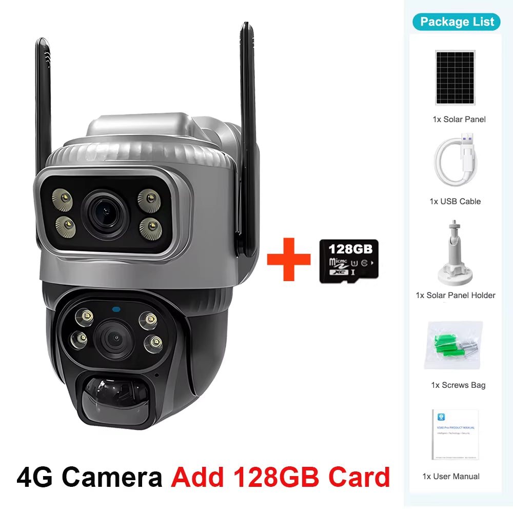 Dual Lens 4G Camera Solar PIR Human Detection Night Vision Waterproof Security Video IP Camara 8MP 4K Battery CCTV Monitor