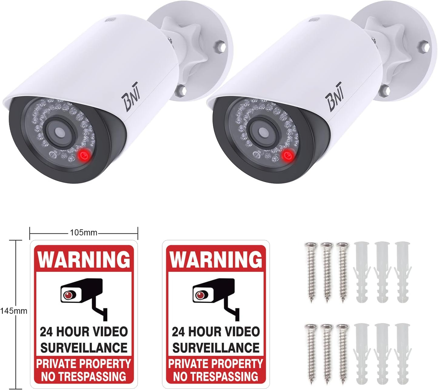 Dummy Fake Security Camera, with One Red LED Light at Night, for Home and Businesses Security Indoor/Outdoor (2 Pack, White)