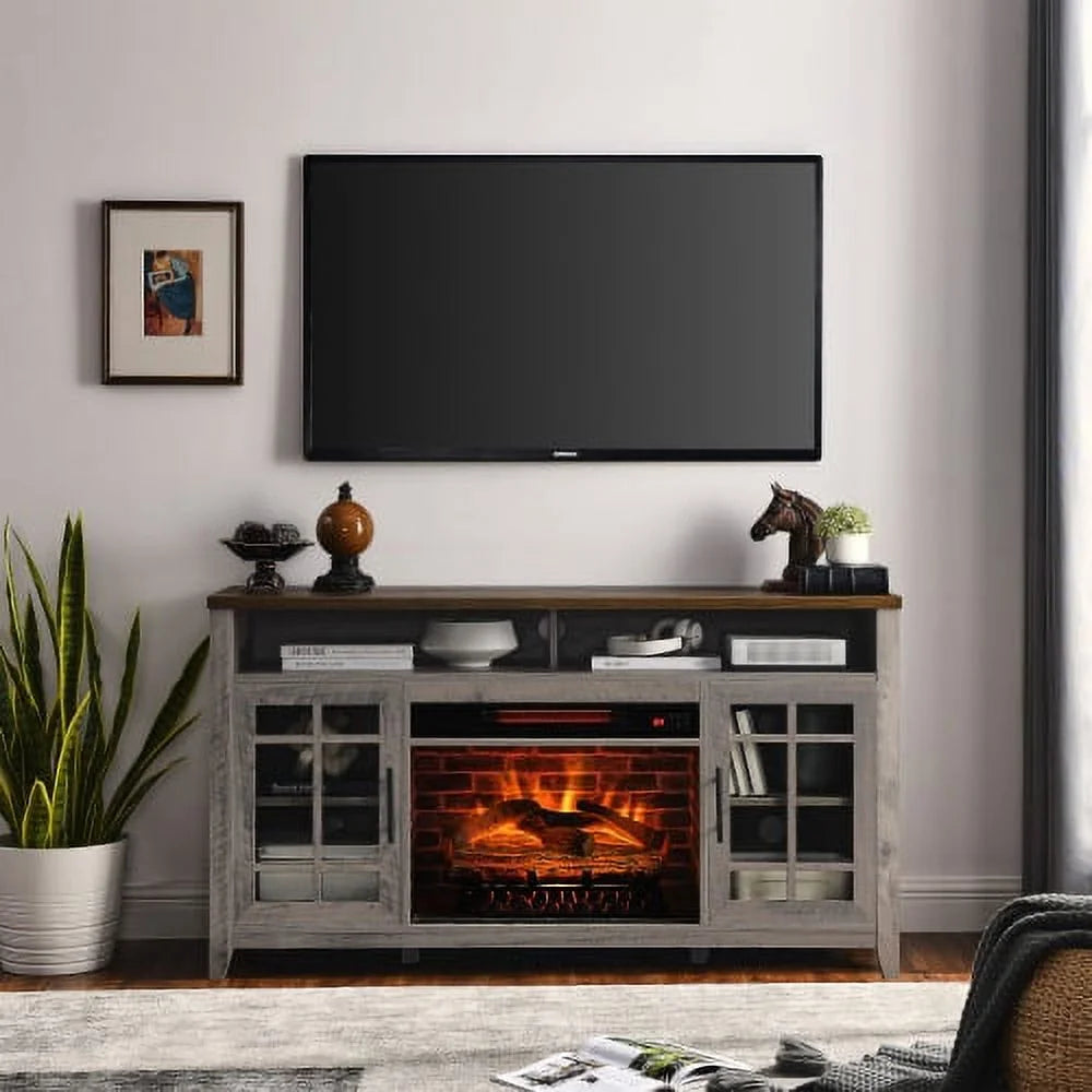 Enyopro 58" Electric Fireplace Heater TV Stand for 65" Tvs, 1500W Wood Fake Fireplace Heater with 11-Adjustable Heat Setting (64℉-82℉) and Timer, Gray, TE2195