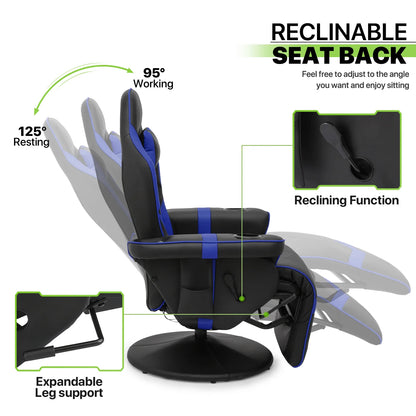 Massage Gaming Chair with Bluetooth Speakers, High Back Ergonomic Computer Recliner Gaming Chair with Adjustable Backrest Footrest Pillow, Blue