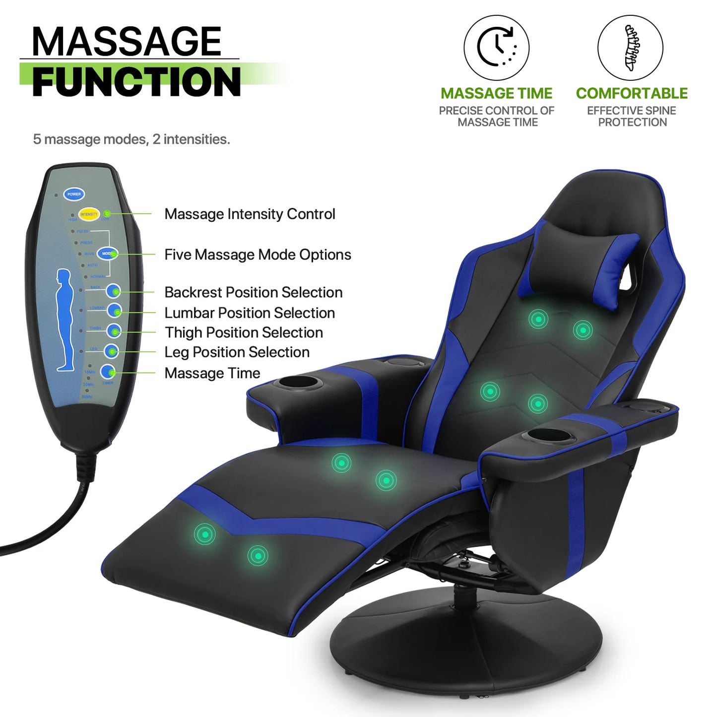 Massage Gaming Chair with Bluetooth Speakers, High Back Ergonomic Computer Recliner Gaming Chair with Adjustable Backrest Footrest Pillow, Blue