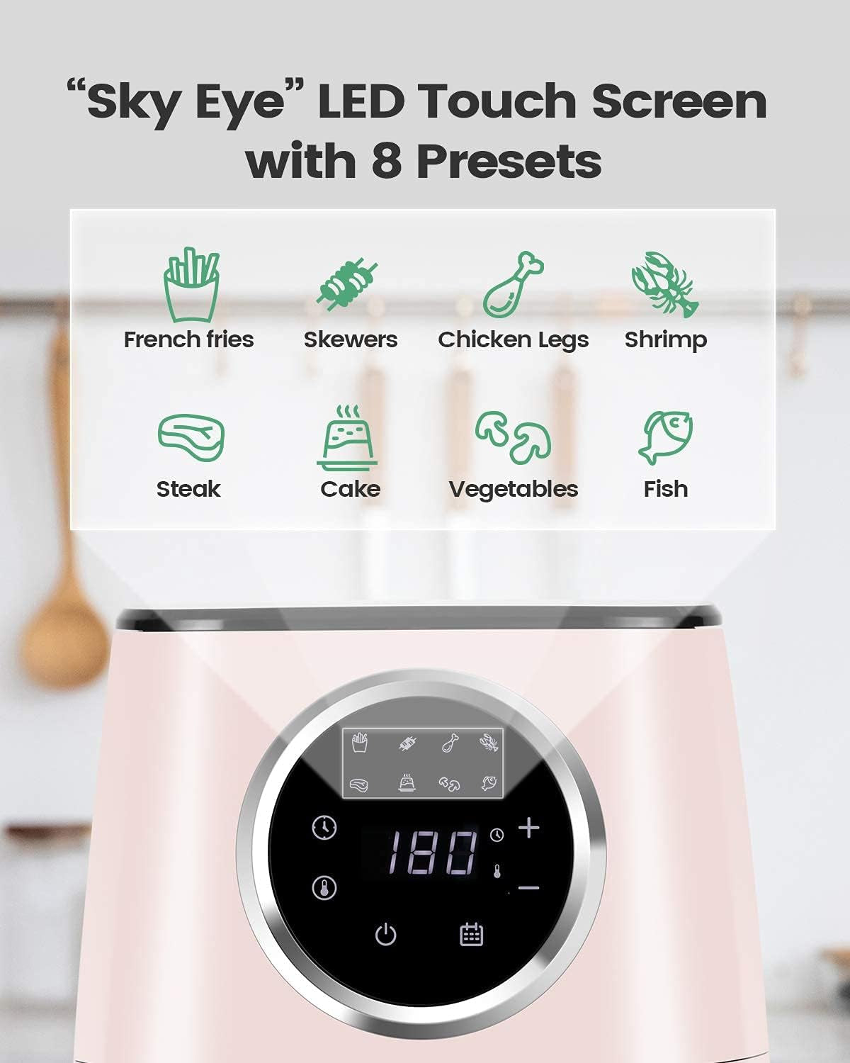 [NEW]  Large Air Fryer, 4.5 Quart Electric Hot Oven Cooker, Free Cheat Sheet for Quick Reference Guide, LED Touch Digital Screen, 8 in 1, Customized Temp/Time, Nonstick Basket, Pink