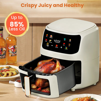 Air Fryer Large 7.5QT, 8-In-1 Digital Touchscreen, Visible Cooking Window, 1700W, Cream White