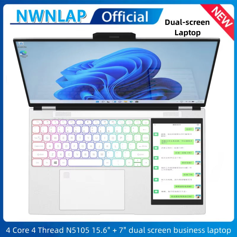 Dual Screen Laptop 15.6 Inch 2K IPS+ 7 Inch Touch Screen  N100 Processor Gaming Laptop DDR4 32GB 2TB SSD Notebook Computer