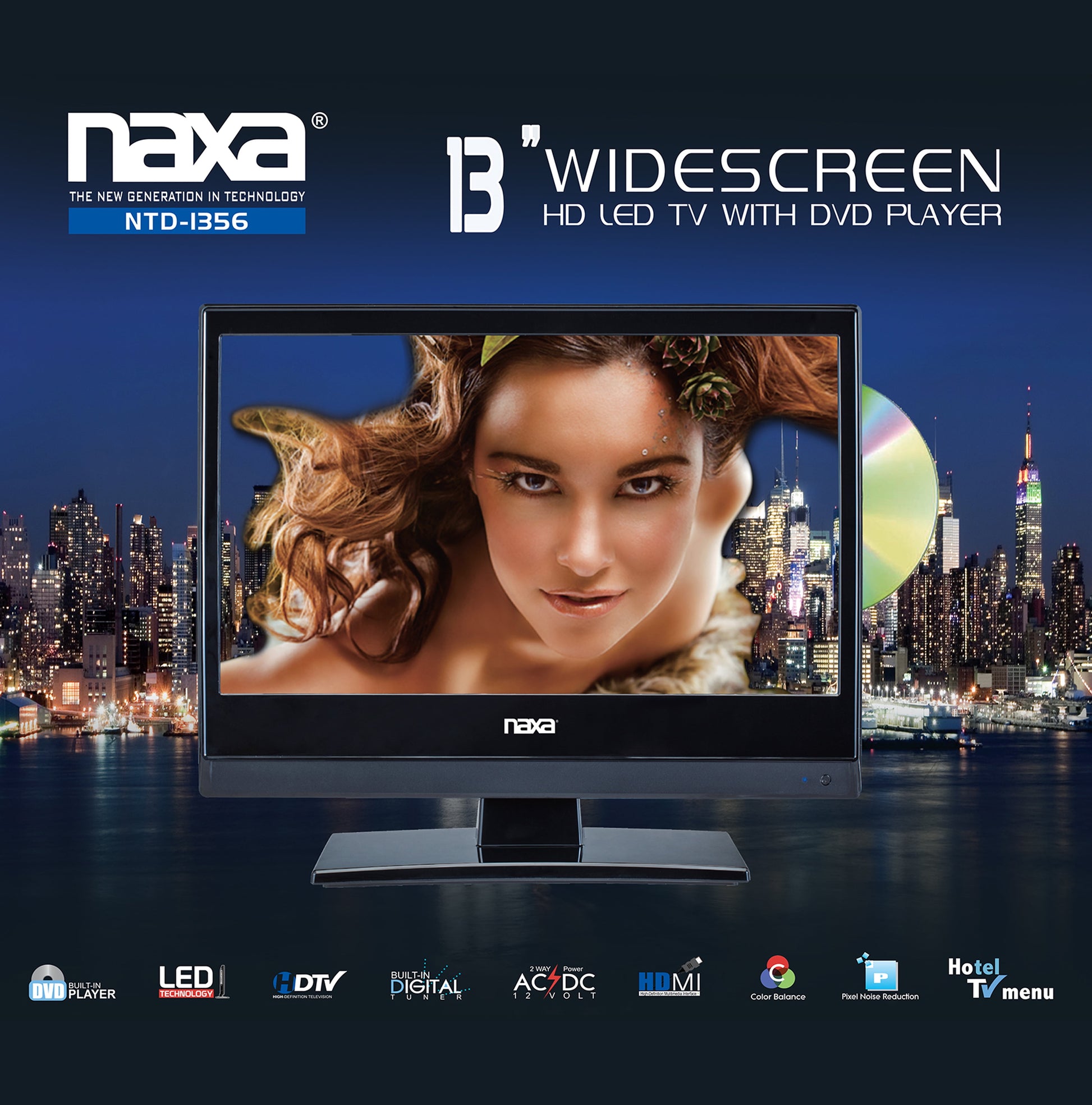 Electronics NTD-1356 13.3” LED Widescreen HD TV LED TV with DVD Player + AC/DC Car Package