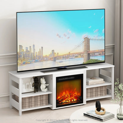 Classic 70 Inch TV Stand with Fireplace, White Emboss