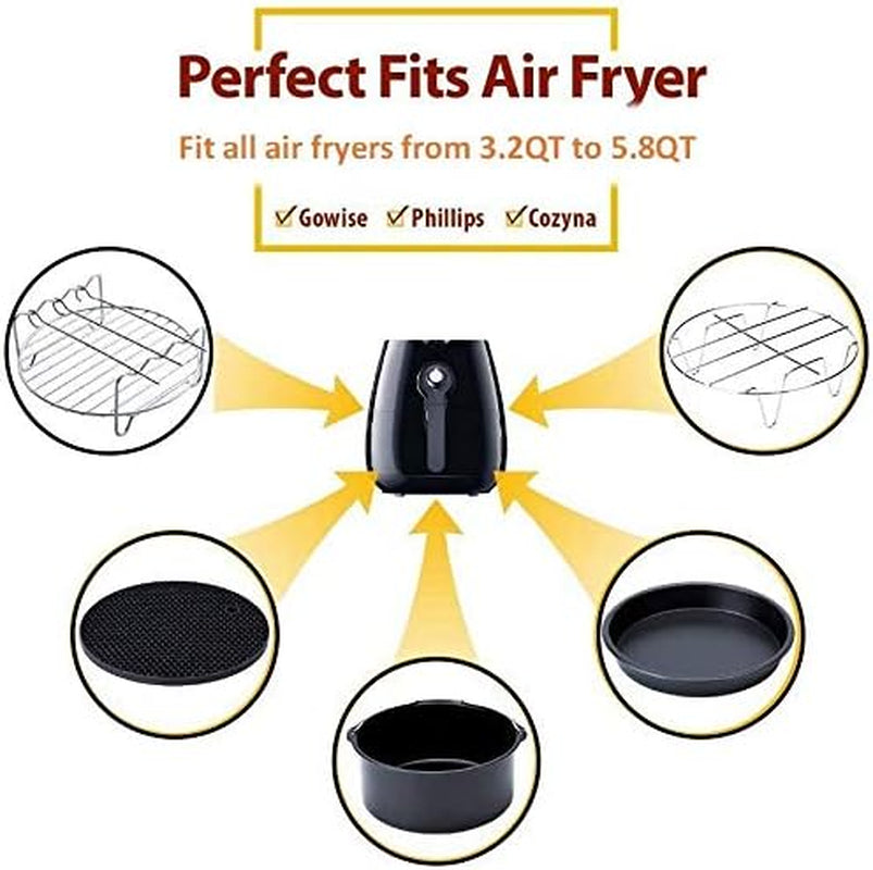 Deep Fryers Universal Air Fryer Accessories Including Cake Barrel,Baking Dish Pan,Grill,Pot Pad, Pot Rack with Silicone Mat by  (7 Inch 8 PCS)