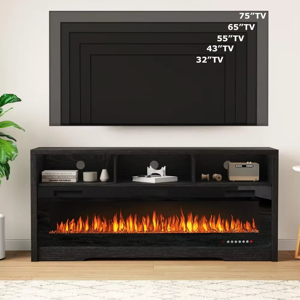 Fireplace TV Stand for up to 75" Tvs with 60" Electric Fireplace, Entertainment Center, 65 Inch TV Stand with Fireplace