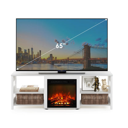 Classic 70 Inch TV Stand with Fireplace, White Emboss