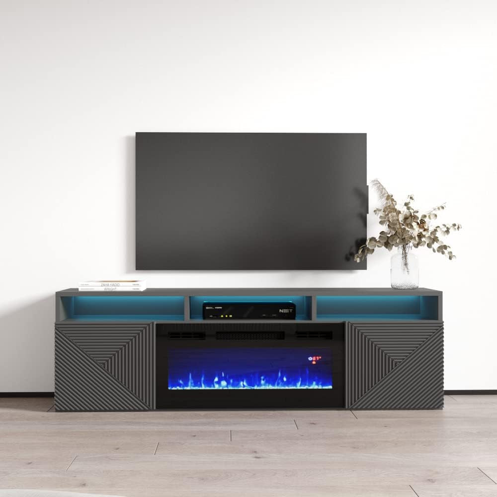 Giza BL-EF 63'' Floating Fireplace TV Stand - Modern High Gloss TV Stand with Storage Cabinets - Central Entertainment Center Console Table for Tvs up to 70" - Gray