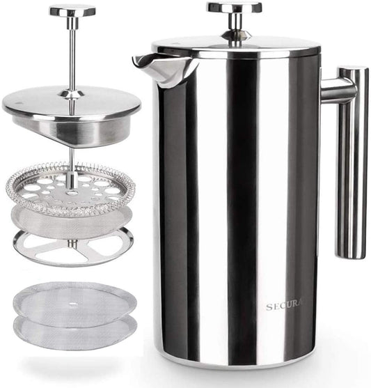 French Press Coffee Maker, 304 Grade Stainless Steel Insulated Coffee Press with 2 Extra Screens, 34Oz (1 Litre), Silver