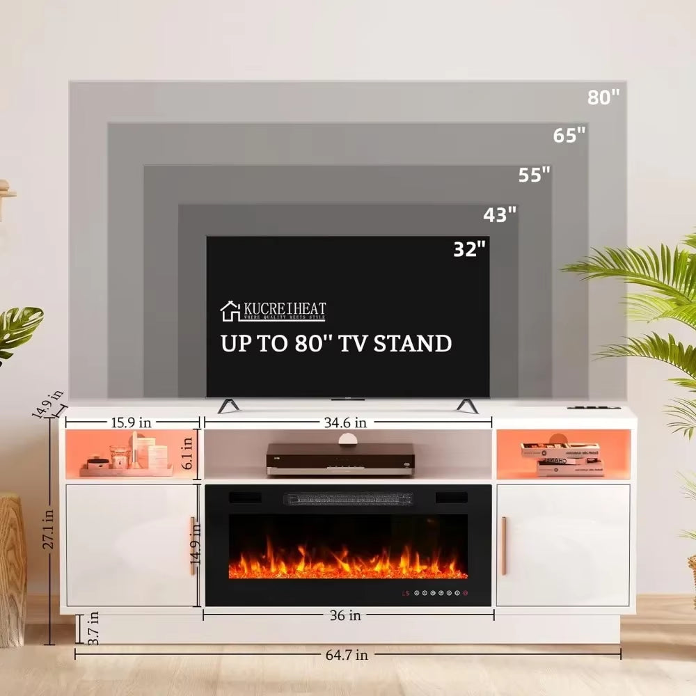 70''TV Stand with 36''Fireplace-Led Light Entertainment Center for 75+Inch Tv-White TV Cabinet,Modern TV Console for Living Room