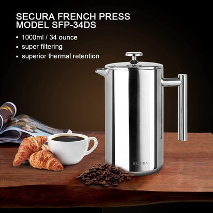 French Press Coffee Maker, 304 Grade Stainless Steel Insulated Coffee Press with 2 Extra Screens, 34Oz (1 Litre), Silver