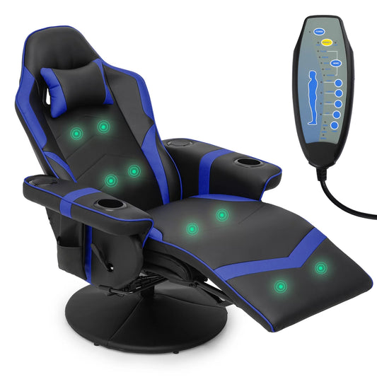 Massage Gaming Chair with Bluetooth Speakers, High Back Ergonomic Computer Recliner Gaming Chair with Adjustable Backrest Footrest Pillow, Blue