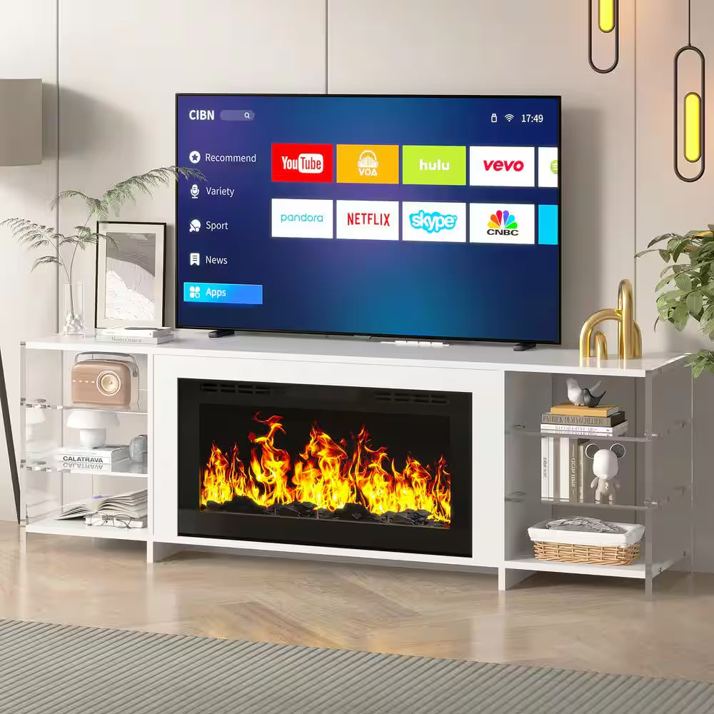 CTV Stand for Tvs up to 75 In. with 3D Flame, 13 Colors LED Light, White Transparent Shelves Entertainment Center