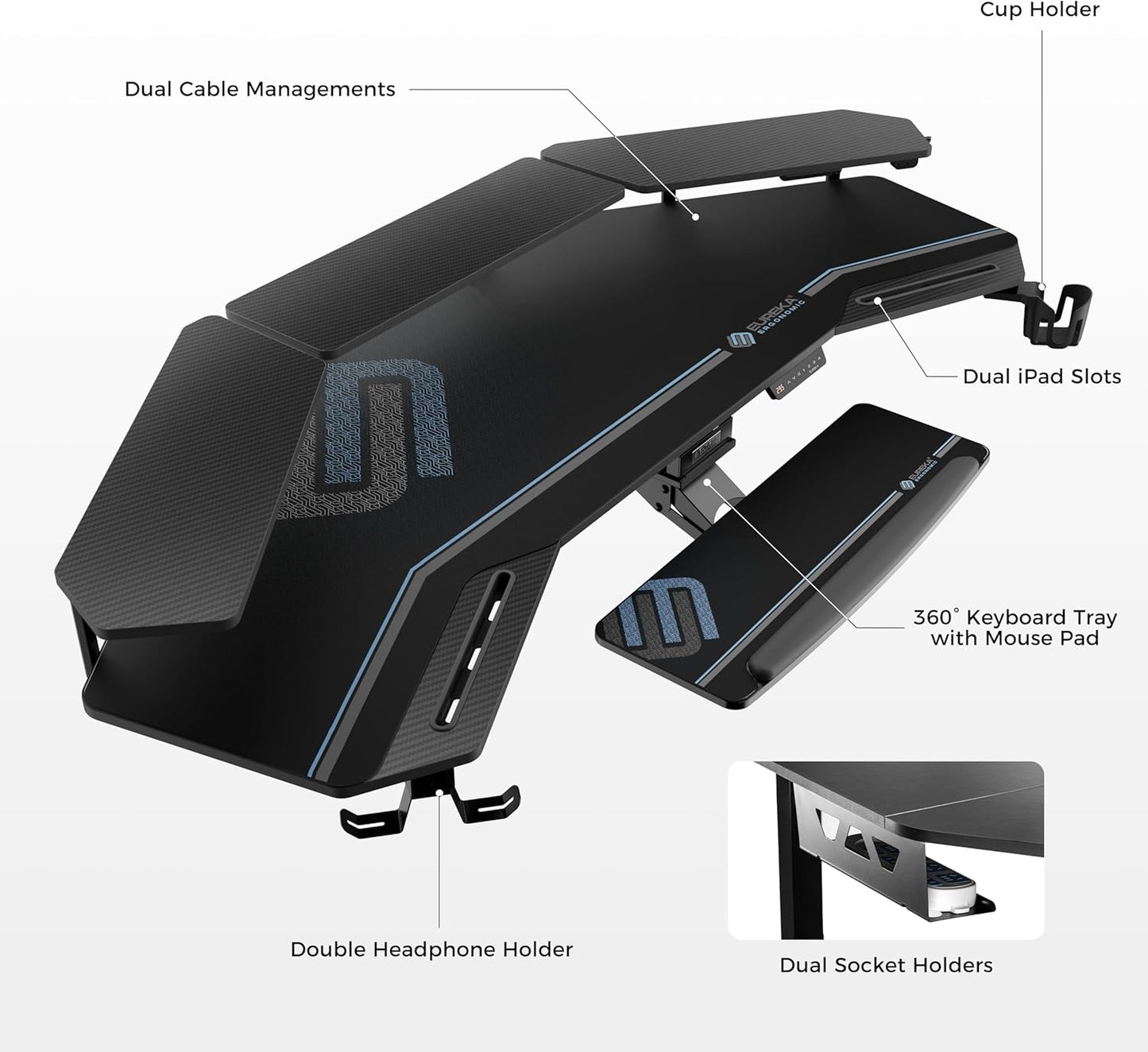 Electric Adjustable Height Gaming and Music Studio Desk with LED Shelves and Keyboard Tray - 72" Wing-Shaped Design for Recording and Live Streaming