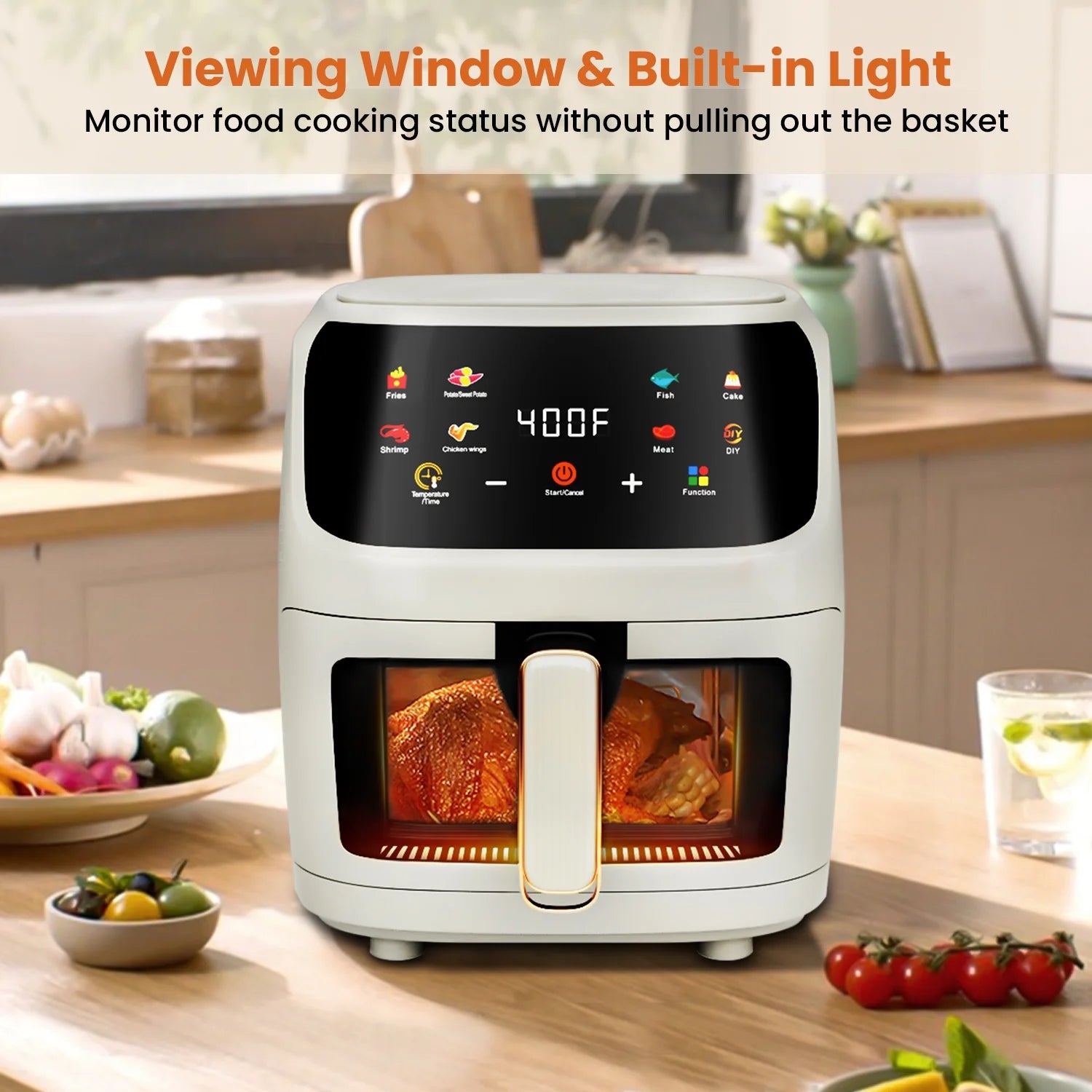 Air Fryer Large 7.5QT, 8-In-1 Digital Touchscreen, Visible Cooking Window, 1700W, Cream White