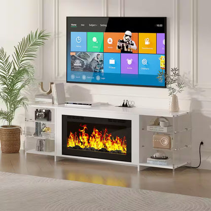 CTV Stand for Tvs up to 75 In. with 3D Flame, 13 Colors LED Light, White Transparent Shelves Entertainment Center