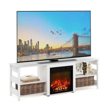 Classic 70 Inch TV Stand with Fireplace, White Emboss