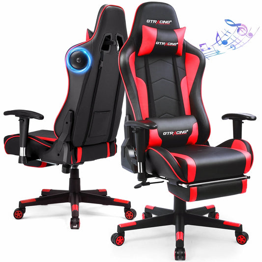 Gaming Chair with Bluetooth Speakers Music Office Chair with Footrest PU Leather Recliner, Red