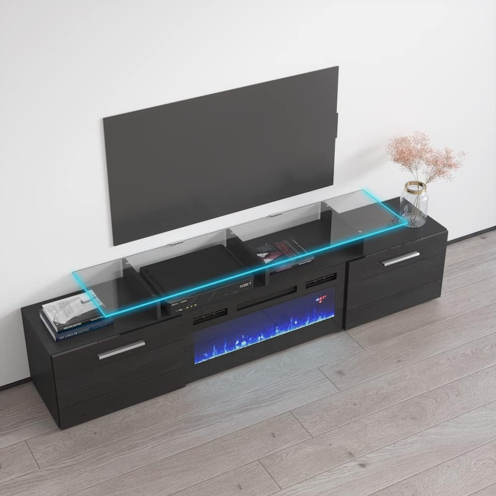 Rova EF Fireplace TV Stand - Modern High Gloss TV Stand with Storage Cabinets - Central Entertainment Center Console Table with 16-Color LED Light System - Black