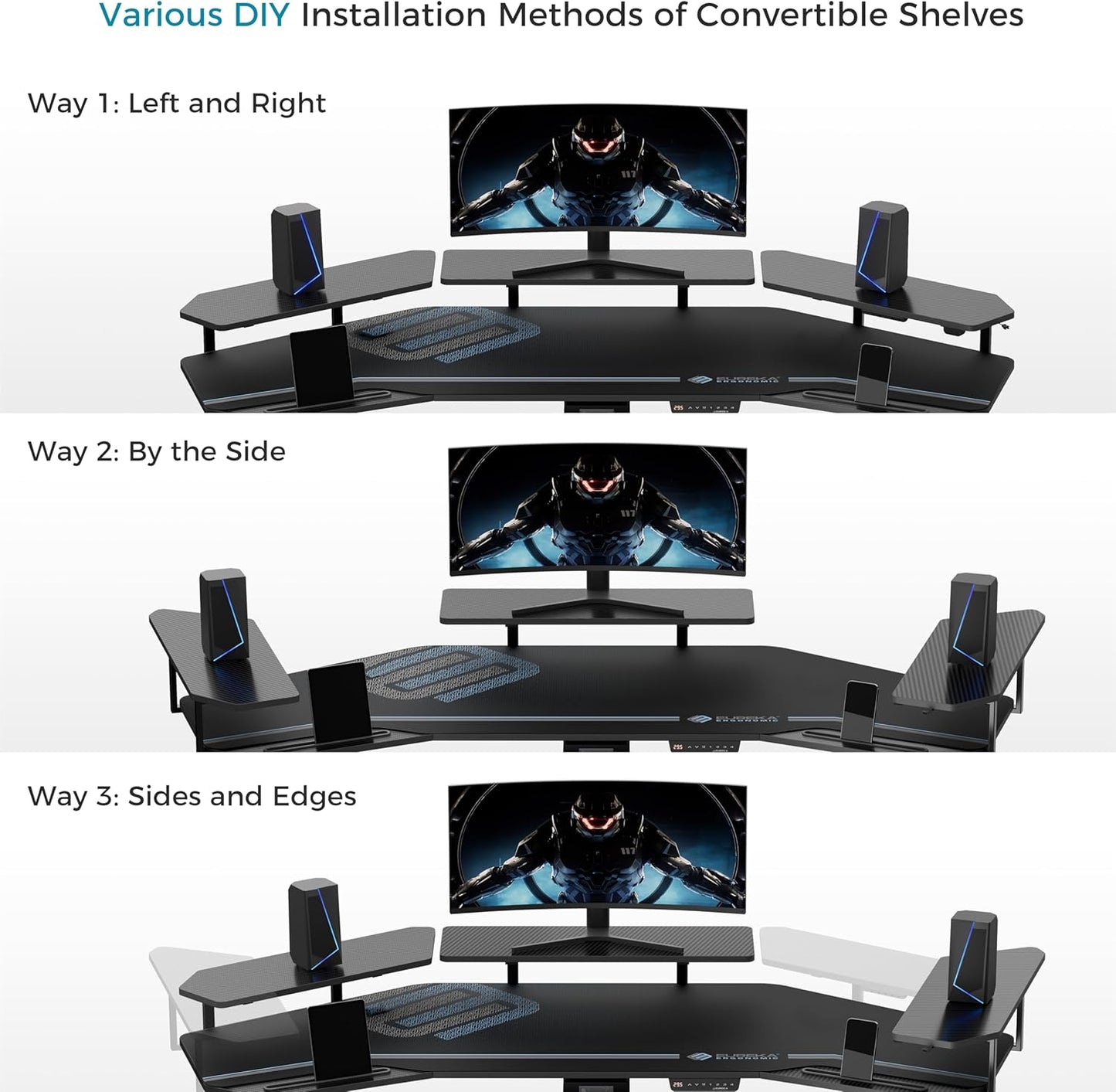 Electric Adjustable Height Gaming and Music Studio Desk with LED Shelves and Keyboard Tray - 72" Wing-Shaped Design for Recording and Live Streaming