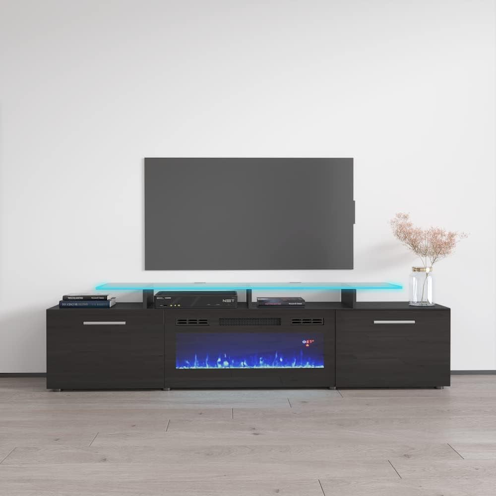 Rova EF Fireplace TV Stand - Modern High Gloss TV Stand with Storage Cabinets - Central Entertainment Center Console Table with 16-Color LED Light System - Black