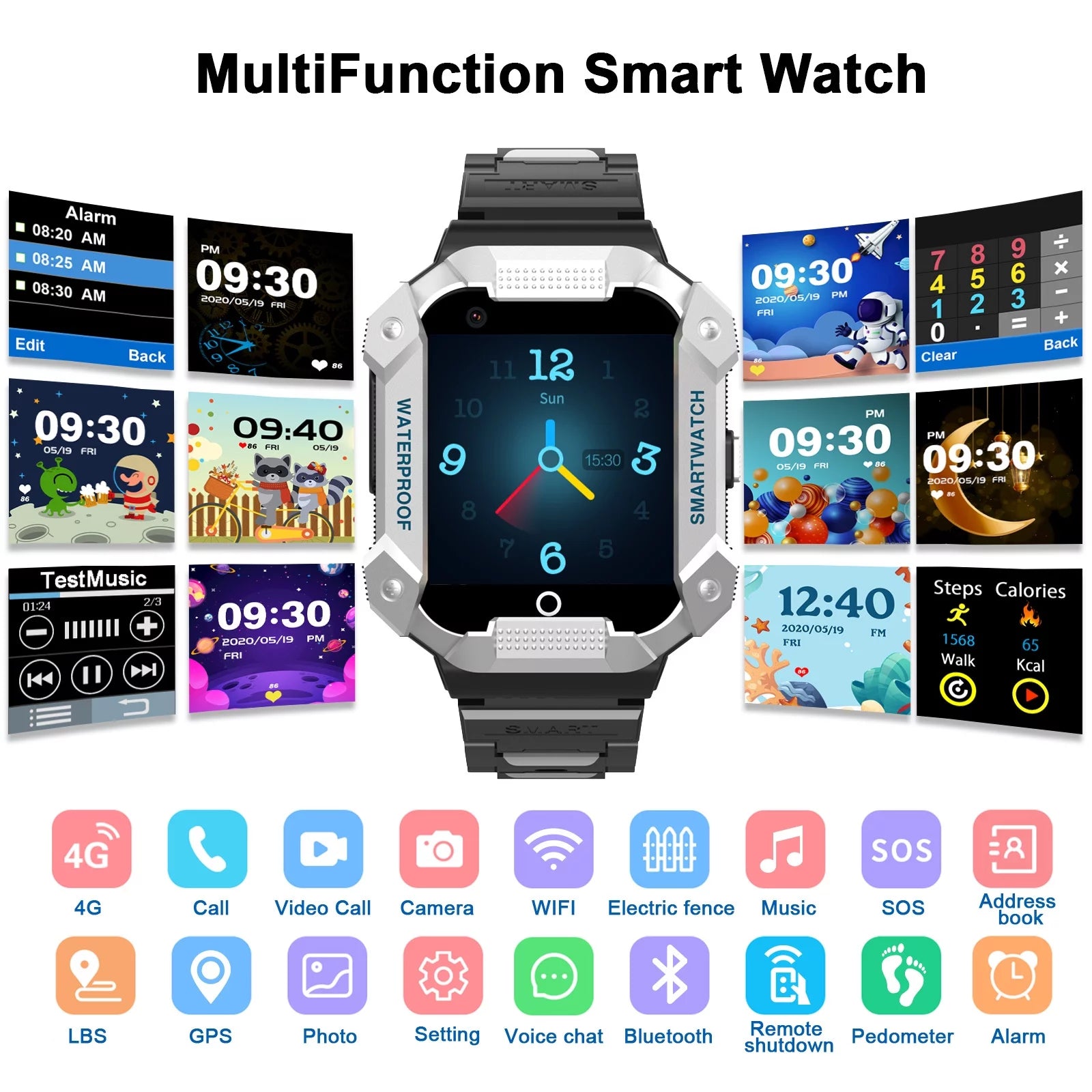 S07 Smart Watch for Boys Girls Smartwatch for Kids with 4G SIM GPS Video Call Pedometer MP3 Flashlights Calculator Alarm Clock Children Touch Screen Silver