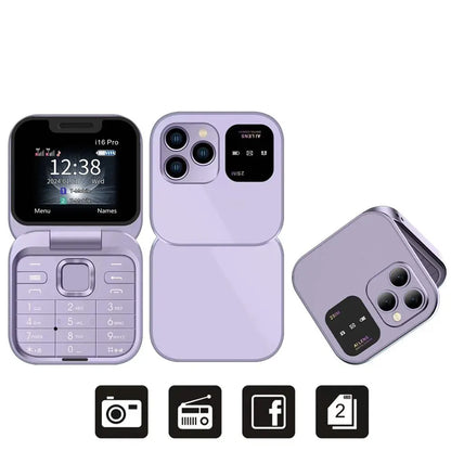 I16 Pro Mini Fold Mobile Phone 2G GSM Dual SIM Card Speed Dial Video Player Magic Voice 3.5Mm Jack FM Small Flip Cellphone