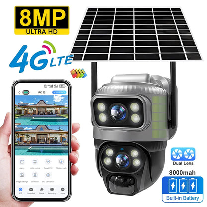 Dual Lens 4G Camera Solar PIR Human Detection Night Vision Waterproof Security Video IP Camara 8MP 4K Battery CCTV Monitor