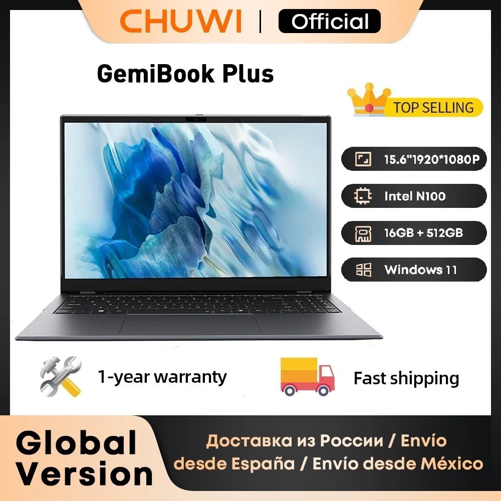 CHUWI Gemibook plus Laptop 15.6"  N100 Graphics for 12Th Gen 1920*1080P 16GB RAM 512GB SSD with Cooling Fan Windows 11