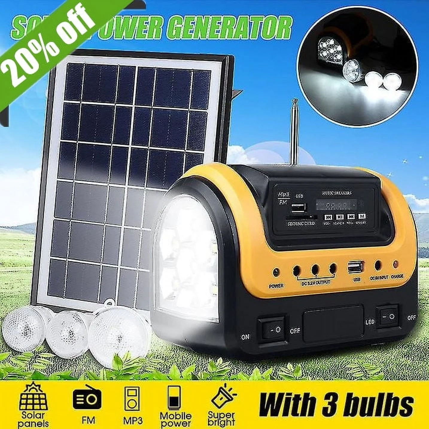 Solar Generator Portable with Solar Panel Solar Power Generators Portable Power Station with Bulb Rechargeable Power Supply