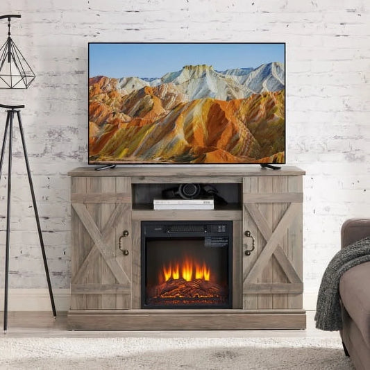 58" Electric Fireplace Heater TV Stand for 65" Tvs, Wood Fake Fireplace Heater, Brown Electric Fireplace Entertainment Center with Doors and Adjustable Shelf, TE1055