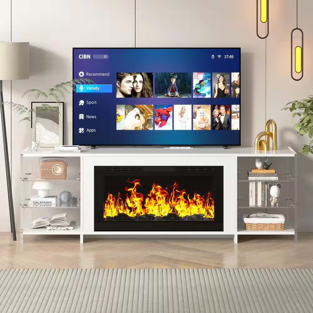 CTV Stand for Tvs up to 75 In. with 3D Flame, 13 Colors LED Light, White Transparent Shelves Entertainment Center