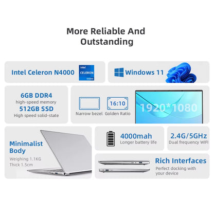 14.1”Inch Laptops 6GB RAM 512GB SSD Intel Celeron N4000 Windows 11 Support TF Card Socket Portable Computers