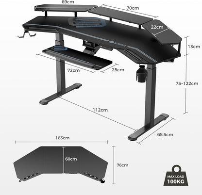 Electric Adjustable Height Gaming and Music Studio Desk with LED Shelves and Keyboard Tray - 72" Wing-Shaped Design for Recording and Live Streaming