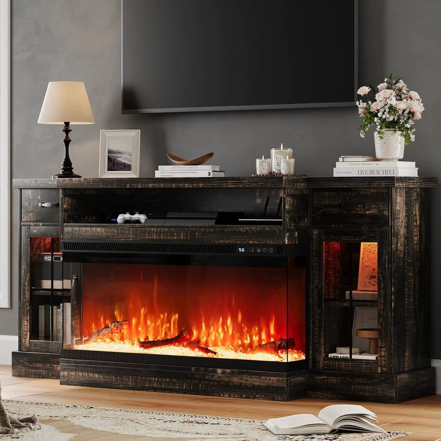 Fireplace TV Stand with 40" Electric Fireplace for 80" TV, 70" Fireplace Entertainment Center with Adjustable Storage Cabinets