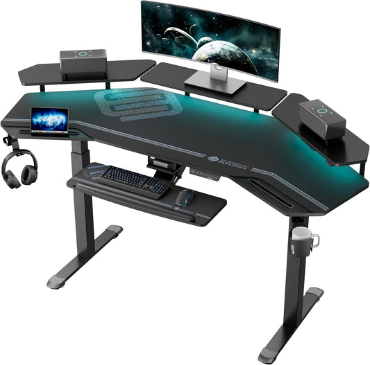 Electric Adjustable Height Gaming and Music Studio Desk with LED Shelves and Keyboard Tray - 72" Wing-Shaped Design for Recording and Live Streaming