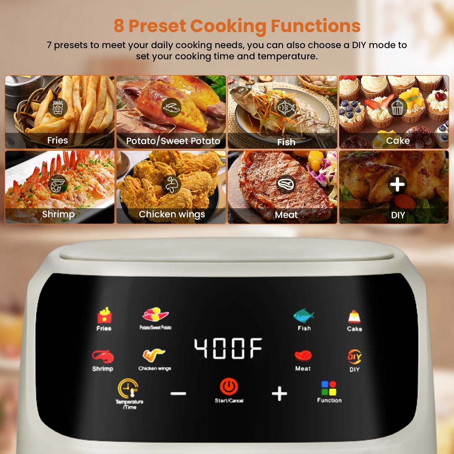 Air Fryer Large 7.5QT, 8-In-1 Digital Touchscreen, Visible Cooking Window, 1700W, Cream White