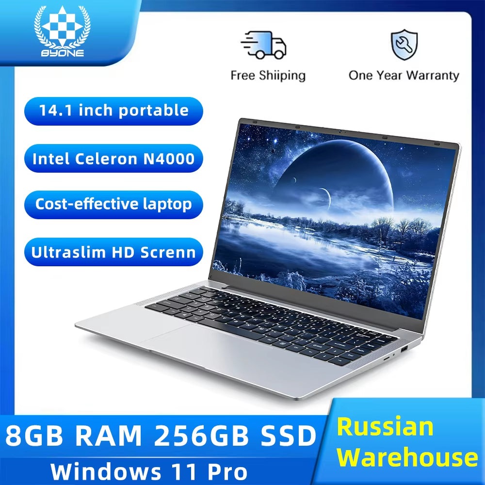 BYONE 14 Inch Low Price Laptop  Celeron N4000 8GB RAM 256GB 512GB SSD HD Screen Office Learning Portable Ultraslim Laptops