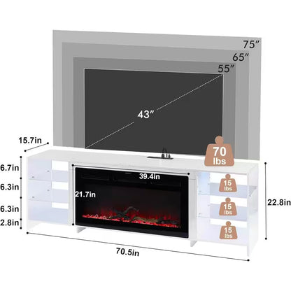 CTV Stand for Tvs up to 75 In. with 3D Flame, 13 Colors LED Light, White Transparent Shelves Entertainment Center