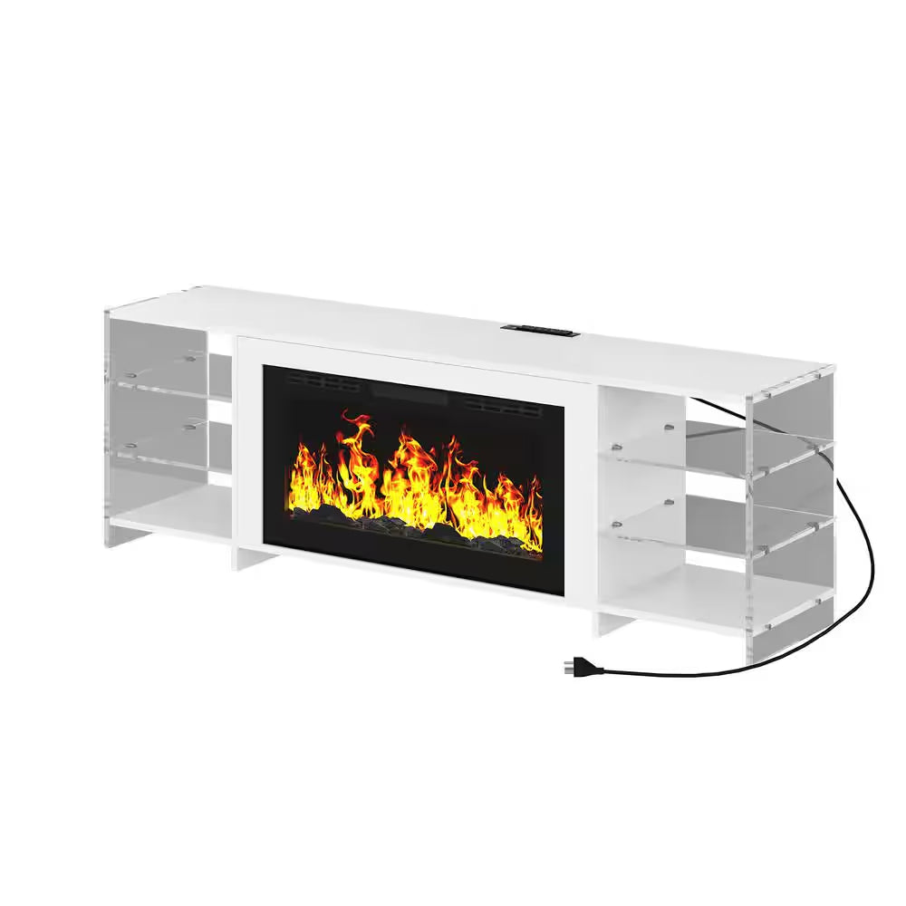 CTV Stand for Tvs up to 75 In. with 3D Flame, 13 Colors LED Light, White Transparent Shelves Entertainment Center