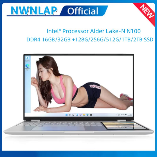 New Arrivals 12Th Generation  N100 Dual Screen Laptop Gaming Laptop 15.6Inch 2K Lcd+7Inch IPS Touch Screen PC Portable