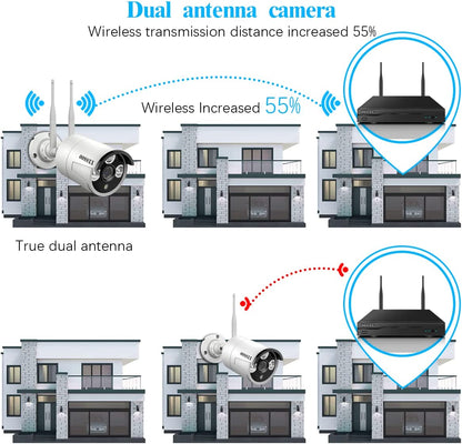 (Dual Antennas for Wi-Fi Enhanced) AI Human Detected 2K 3.0MP Wireless Security Camera System, Surveillance NVR Kits with 2TB Hard Drive, 4Pcs Outdoor Wifi Security Cameras, with Audio, Night Vision